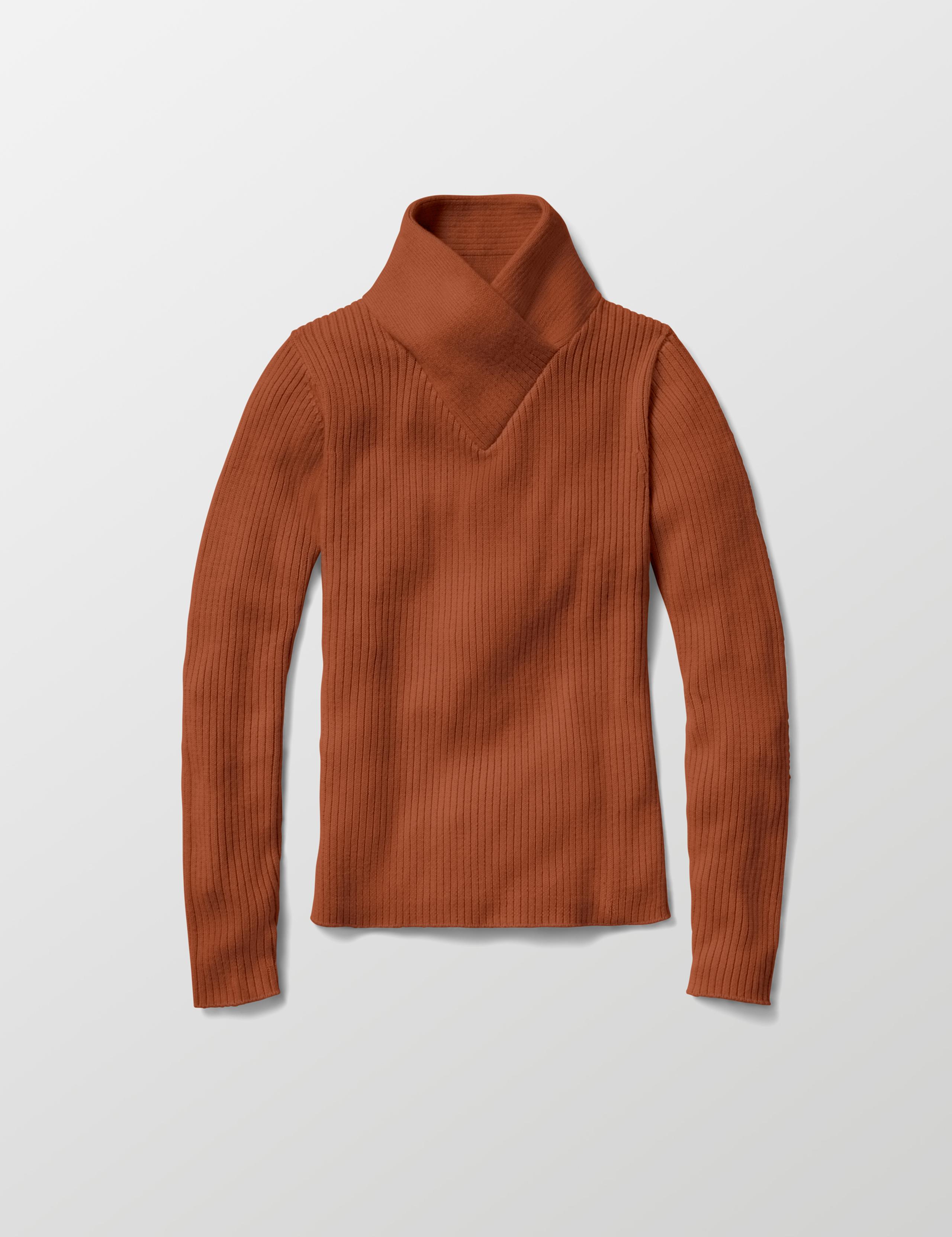Studio laydown of Lexington Sweater in Redwood Rust