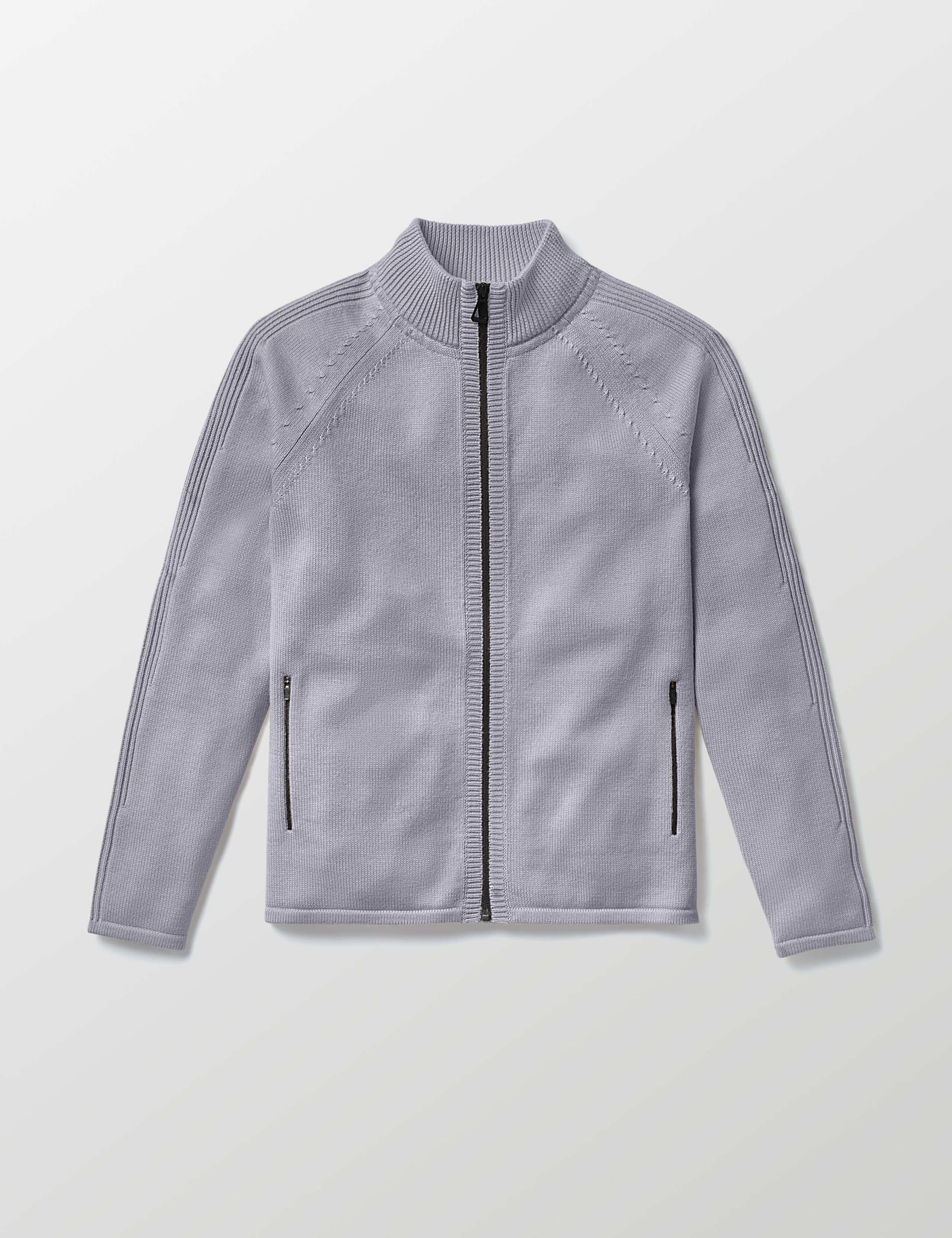 Studio laydown of Riley Full-Zip Sweater in Light Heather Grey
