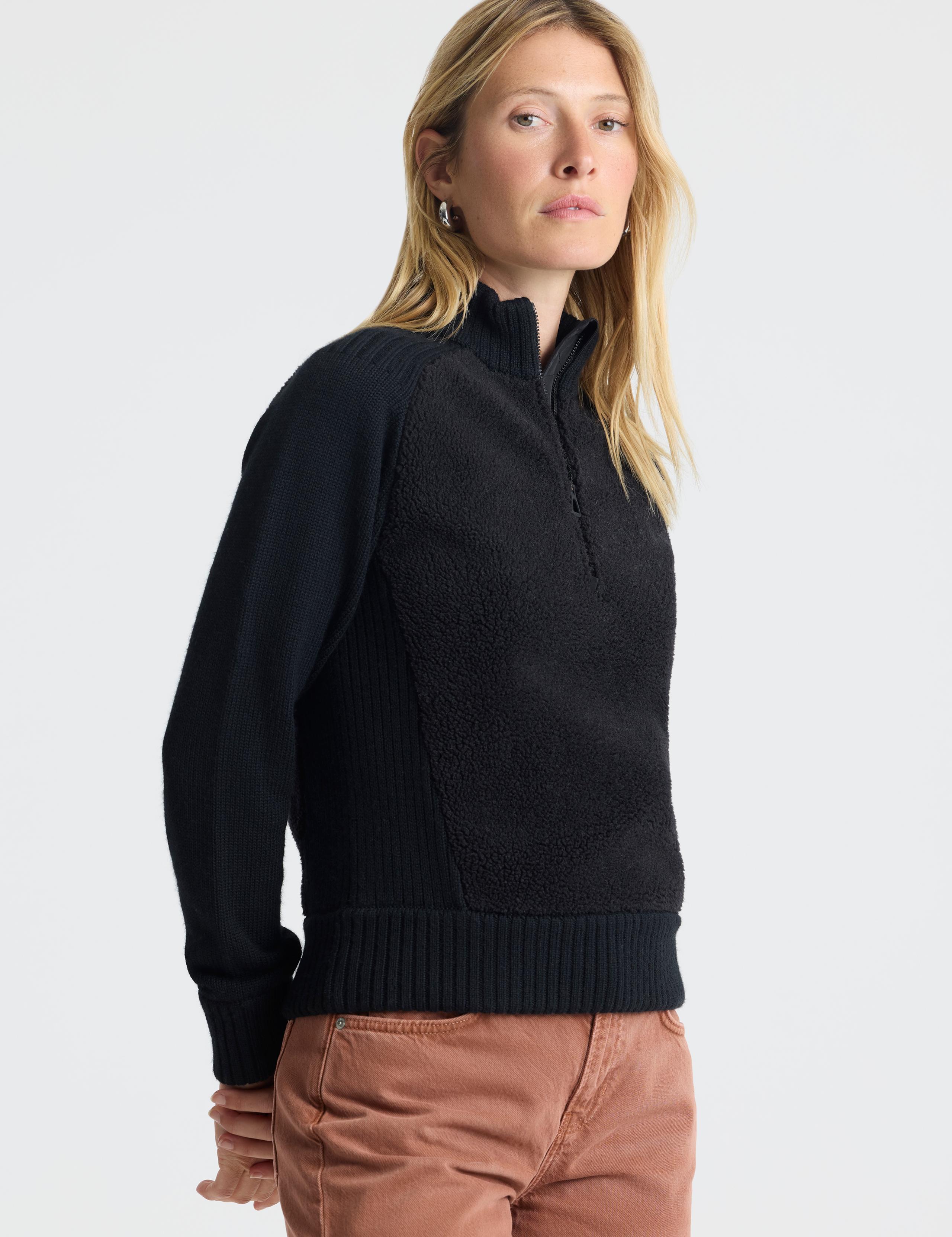 Woman wearing Malina Half-Zip Sweater in Onyx Black