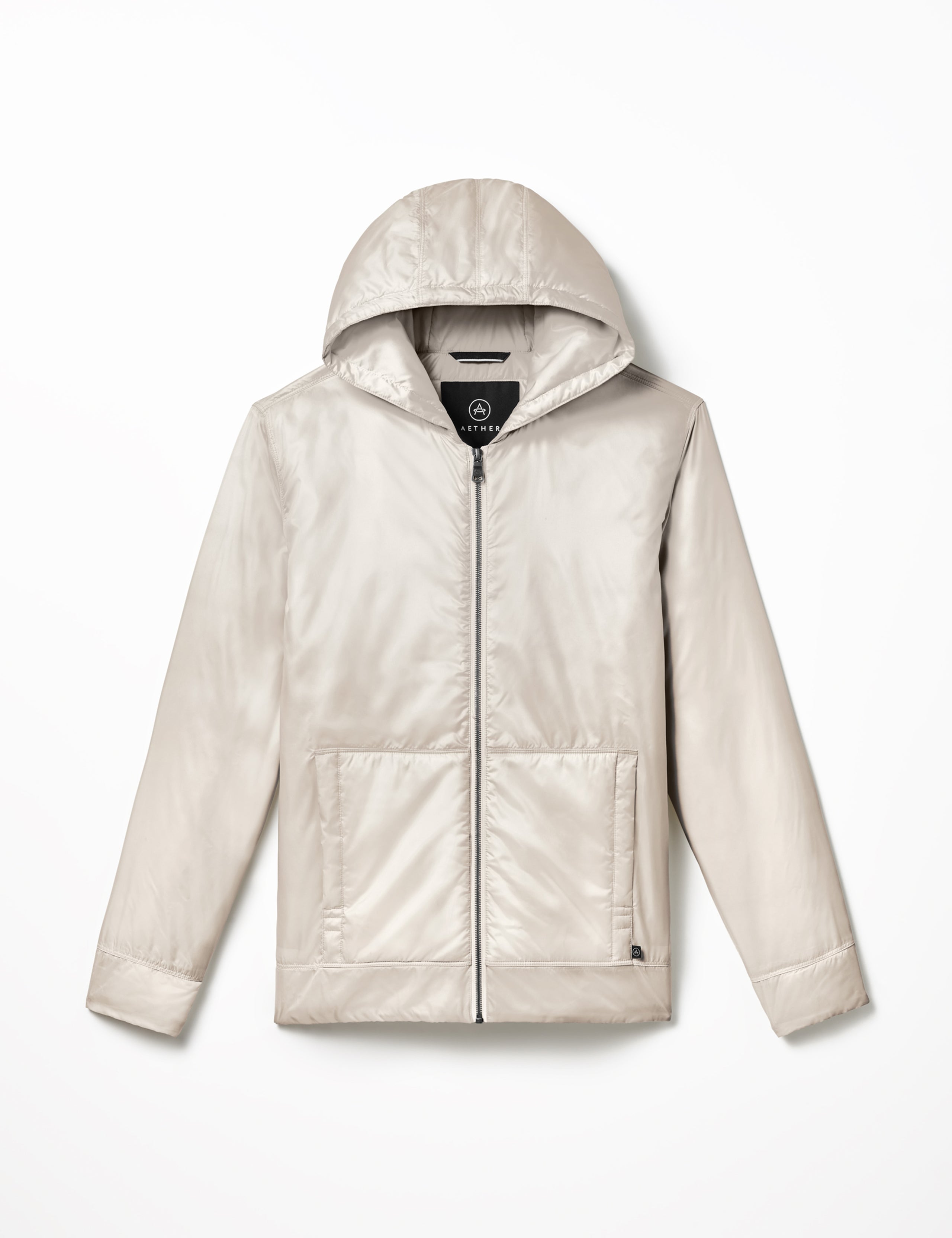 Flat lay of Eco Space Hoodie in Bone white from AETHER Apparel.
