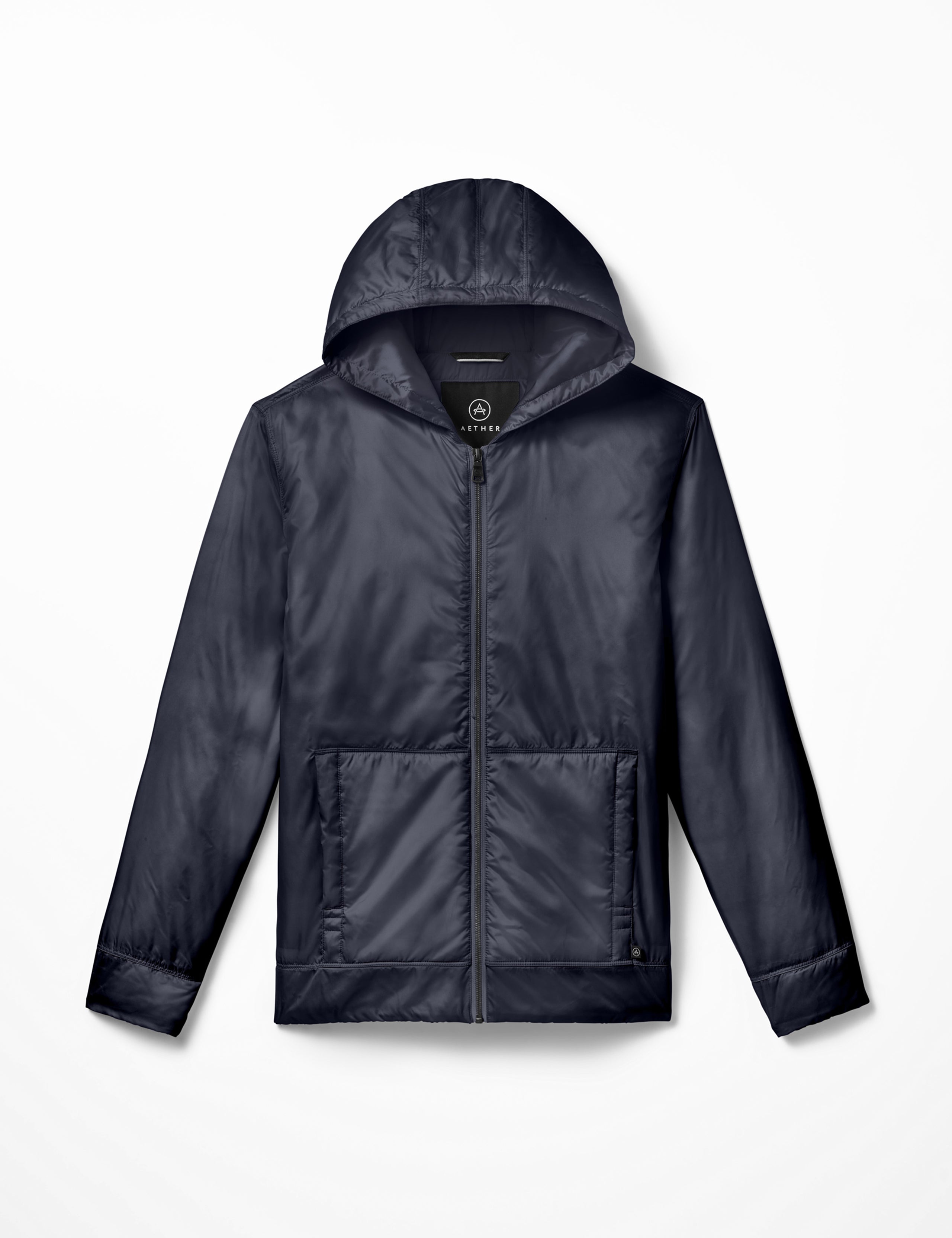 Flat lay of Eco Space Hoodie in Total Eclipse dark blue from AETHER Apparel.
