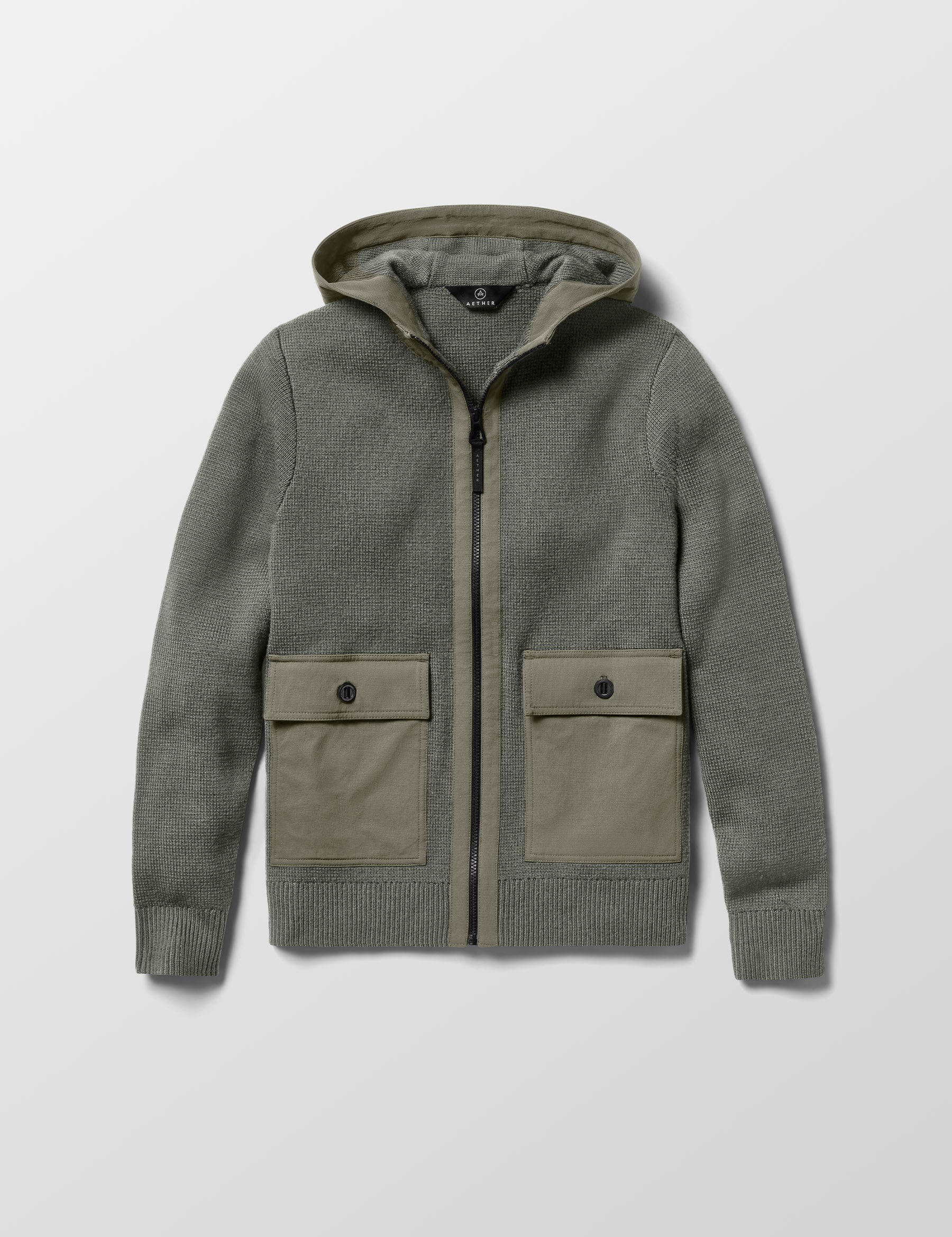 Flat lay image of Benson Full-Zip Sweater in Gunmetal grey from AETHER Apparel. 