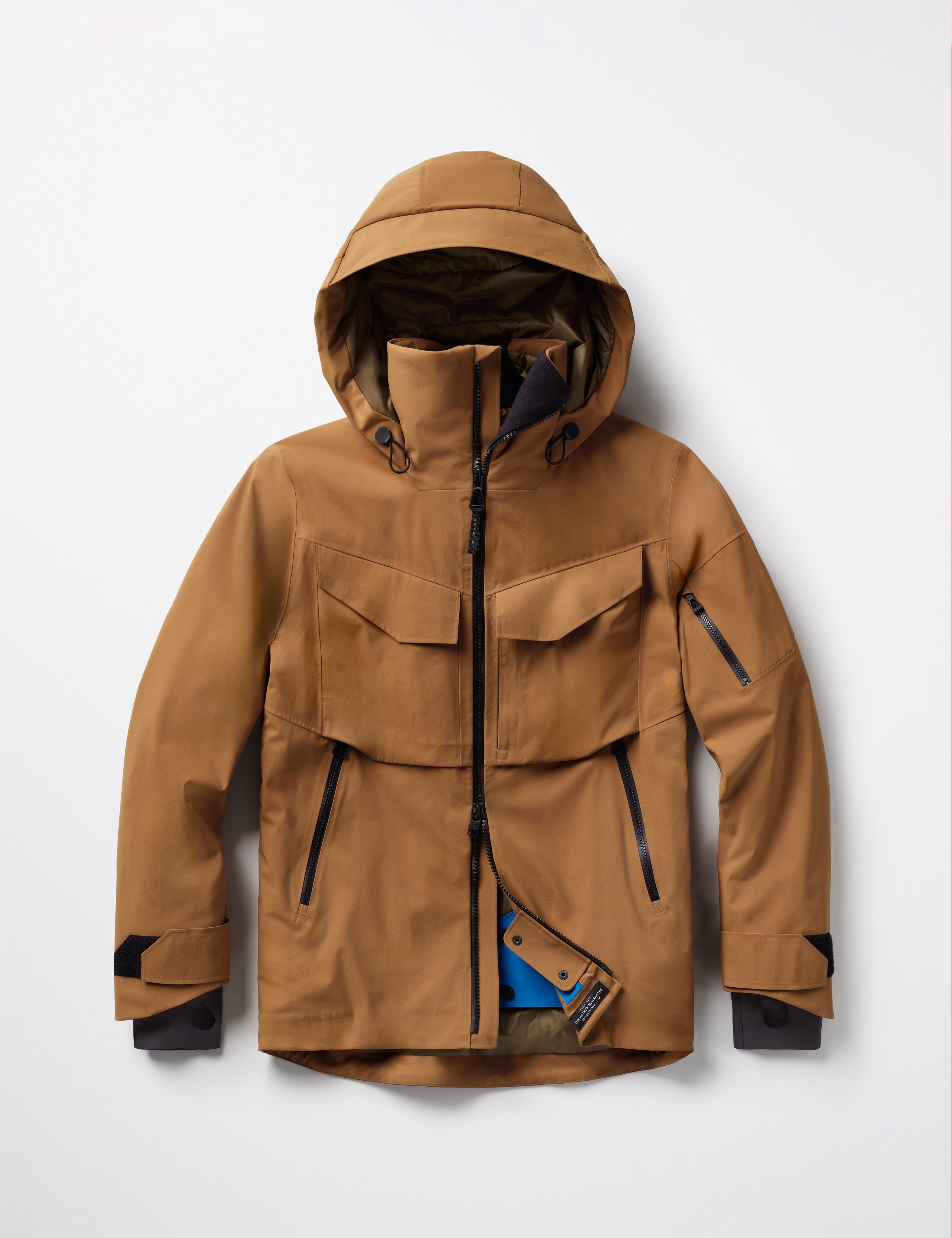 Flat lay of Brighton Insulated Snow Jacket in Rubber Brown from AETHER Apparel.