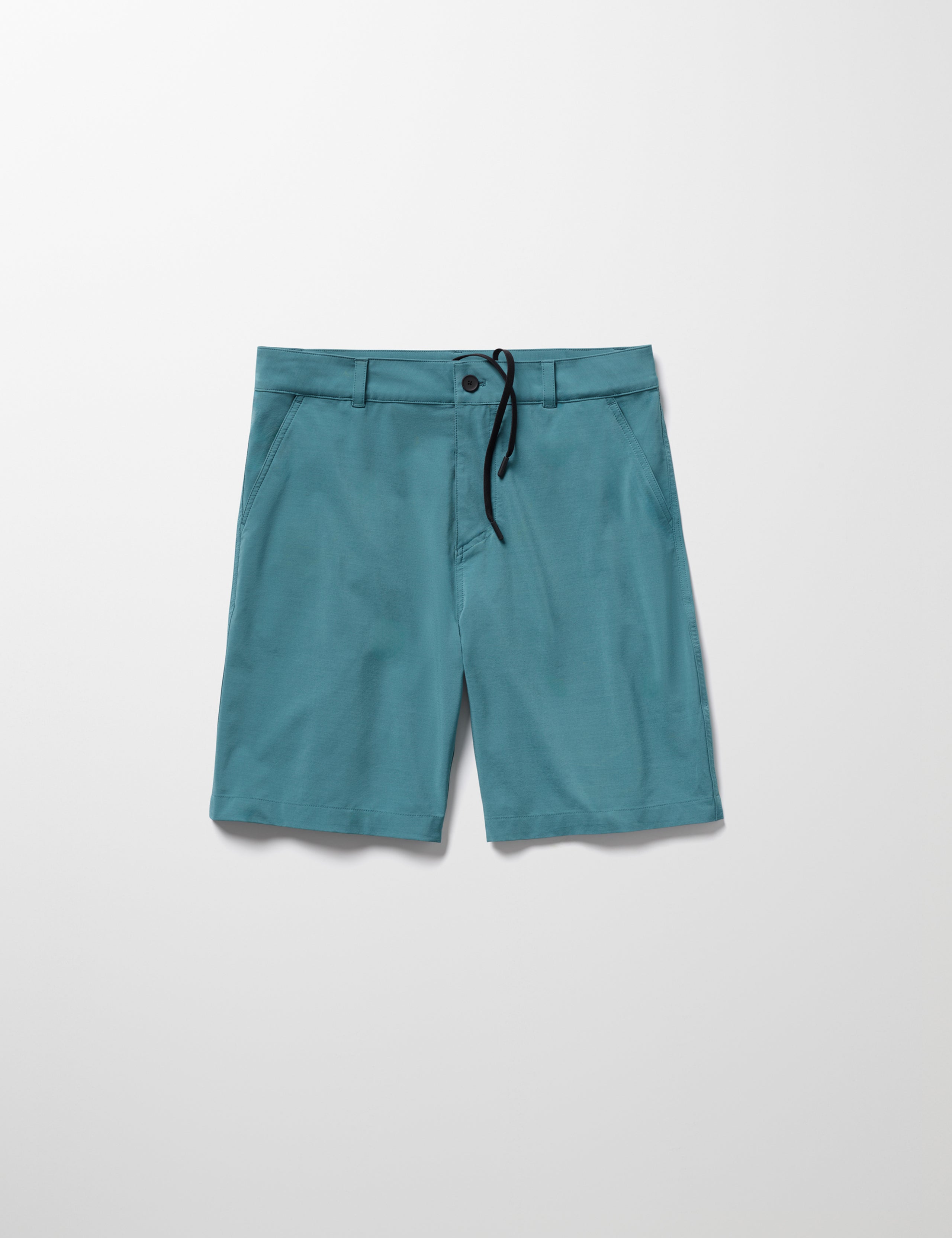 Flay lay image of men’s Catalina Submersible Short in Aqua Blue from AETHER Apparel.