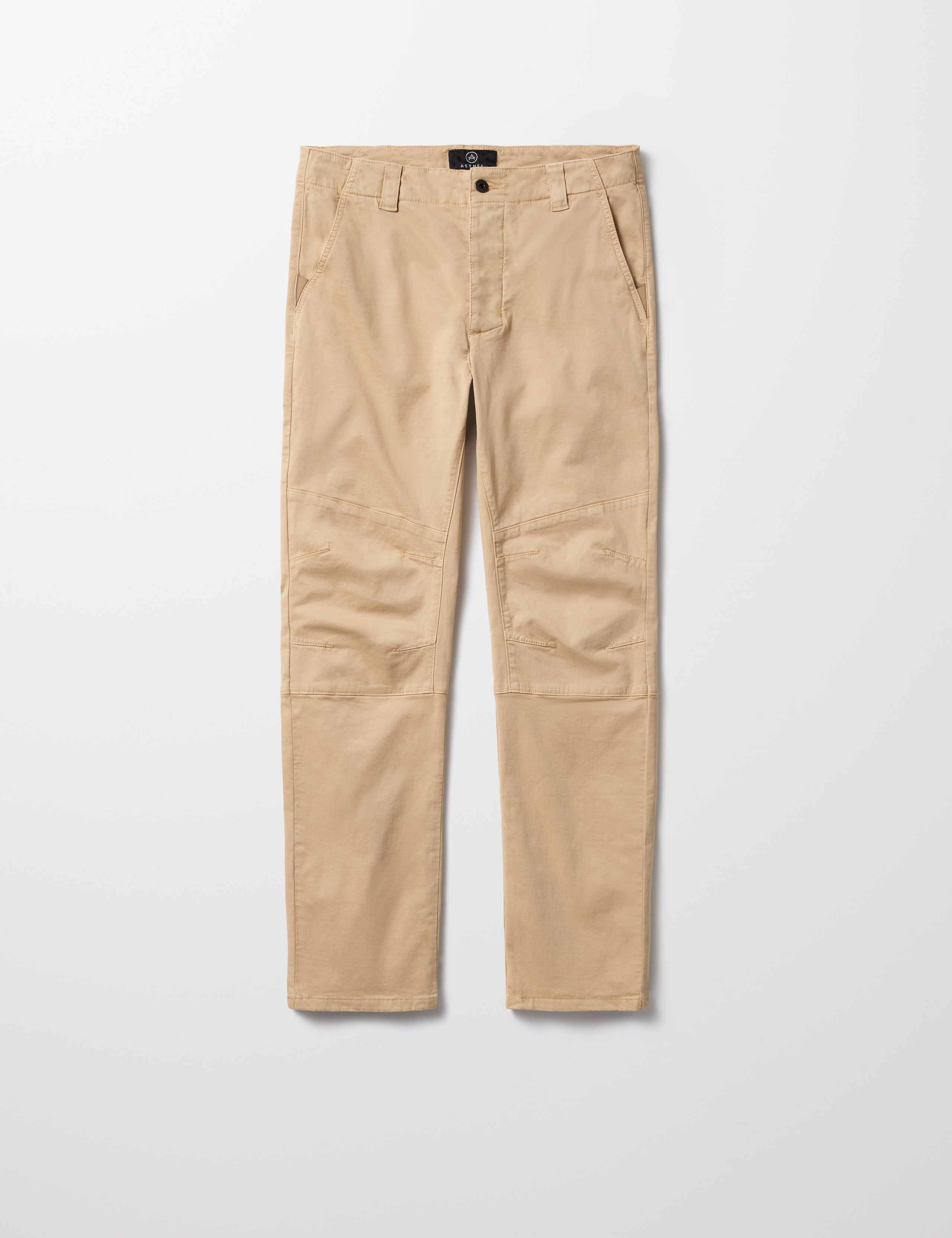 Flat lay of Gabriel Articulated Chino Stretch pant in Desert Tan from AETHER Apparel.