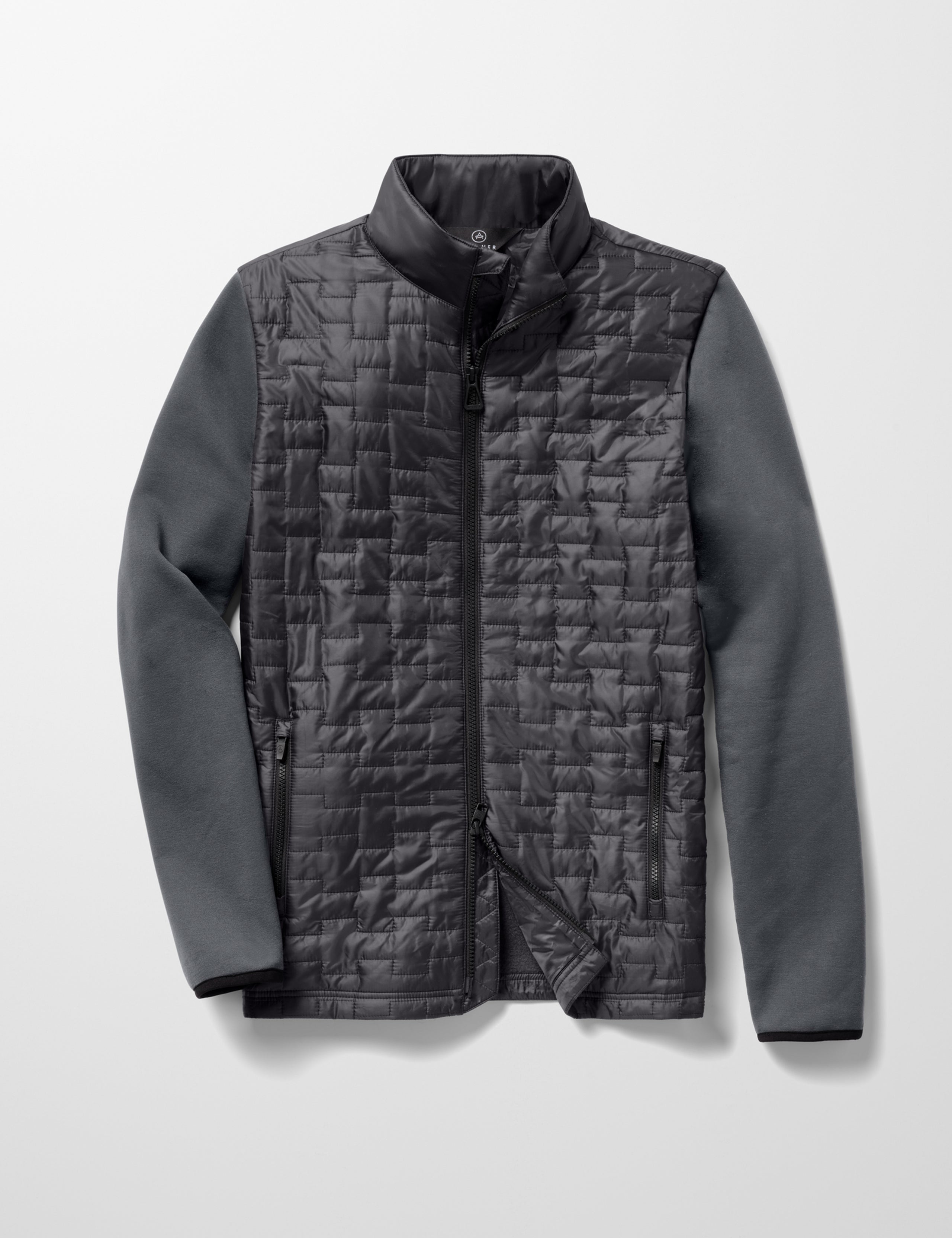 Flat lay image of men's Hybrid Tech Full-Zip in Graphite from AETHER Apparel.