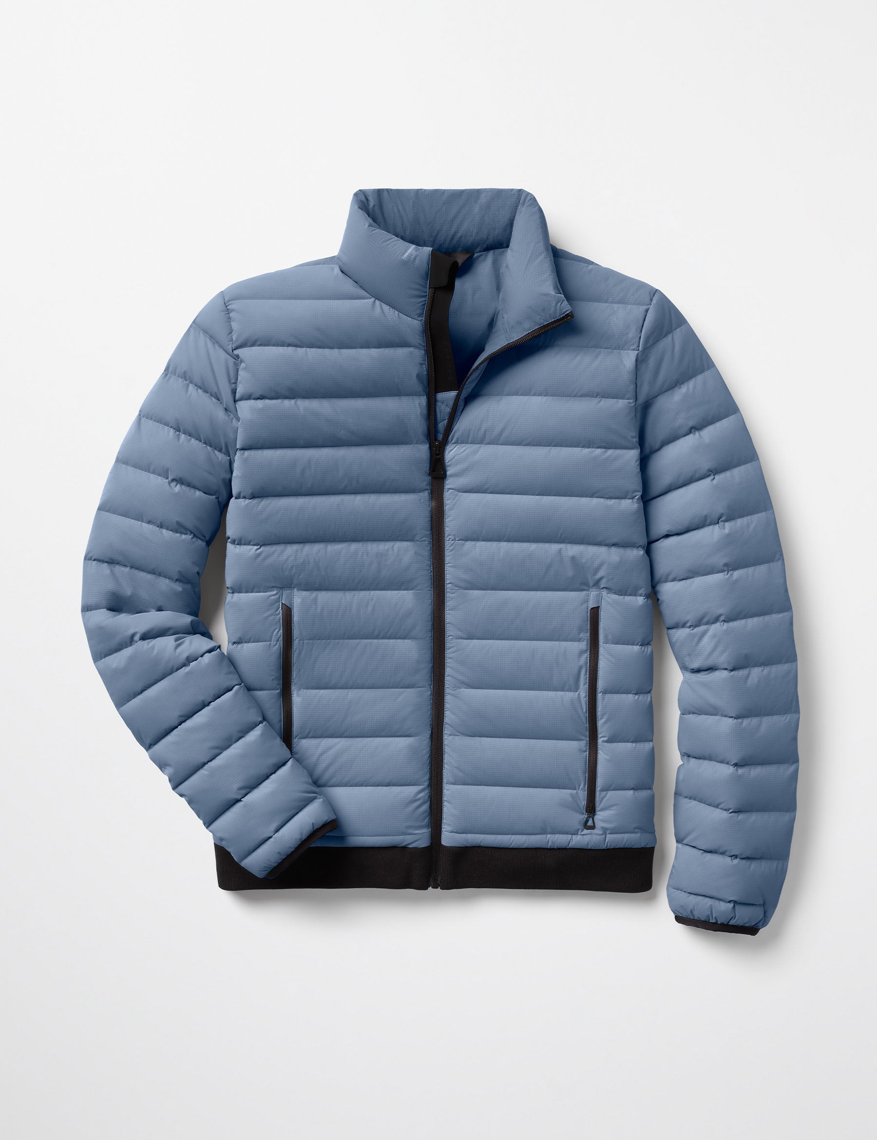 Flat lay of Prospect Packable Down Jacket in Portal Blue from AETHER Apparel.