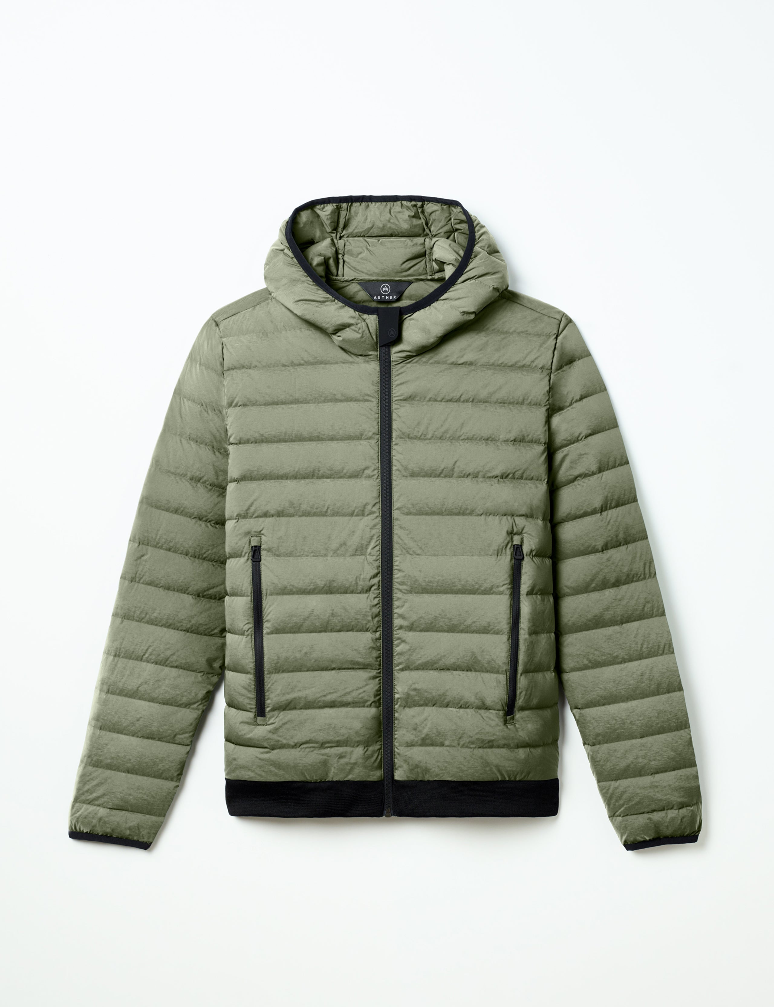 Flat lay of Launch Full-Zip Hooded Jacket in Fern Green from AETHER Apparel.