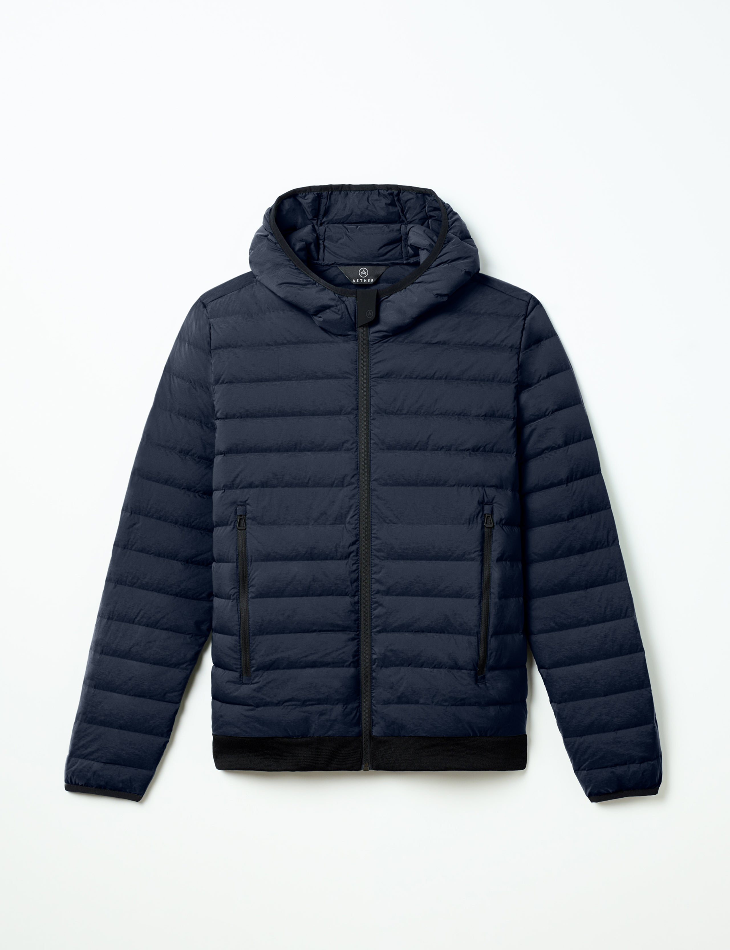 Flat lay of Launch Full-Zip Hooded Jacket in Total Eclipse from AETHER Apparel.