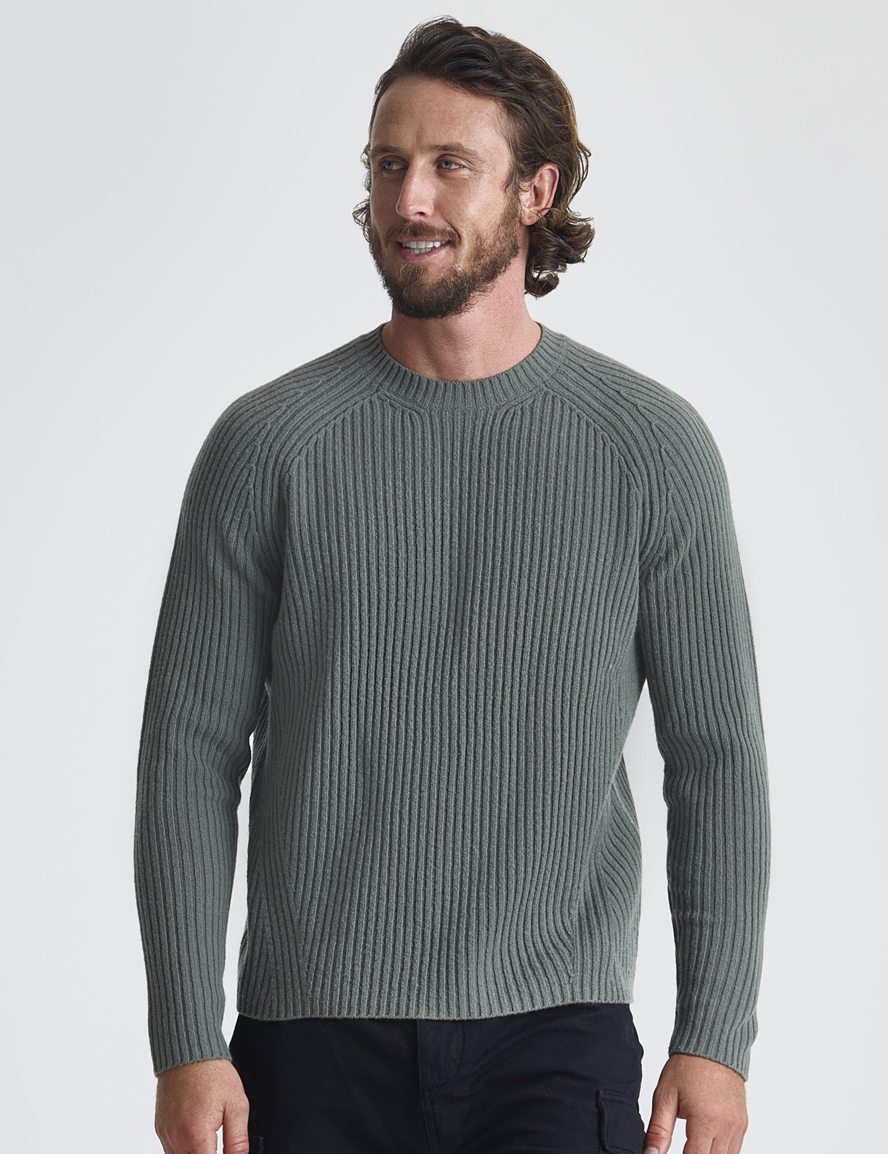 Front view of man wearing Lyon Sweater in Gunmetal grey from AETHER Apparel.