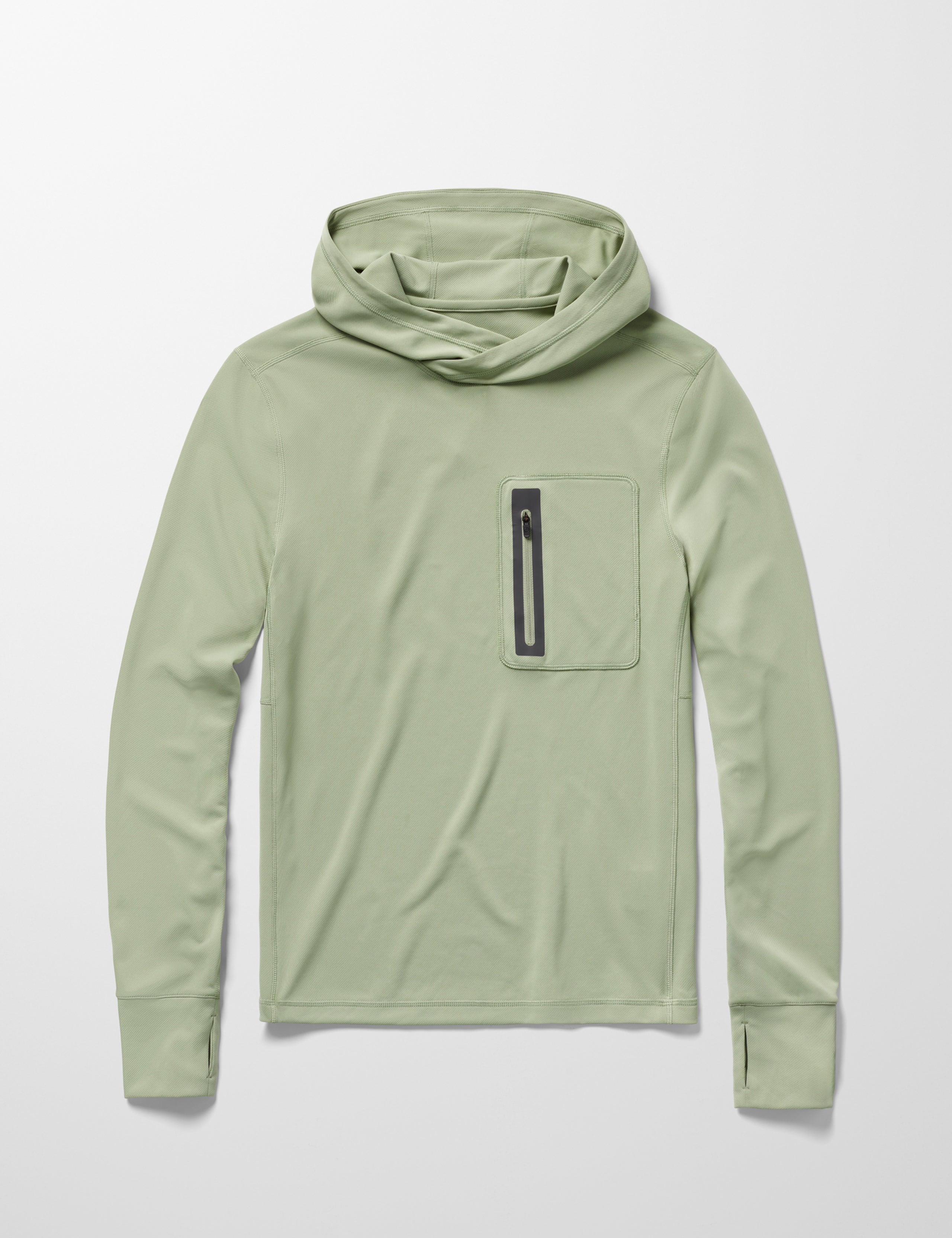 Flay lay image of men’s Pacific Hooded Sun Shirt in Aqua Blue from AETHER Apparel.