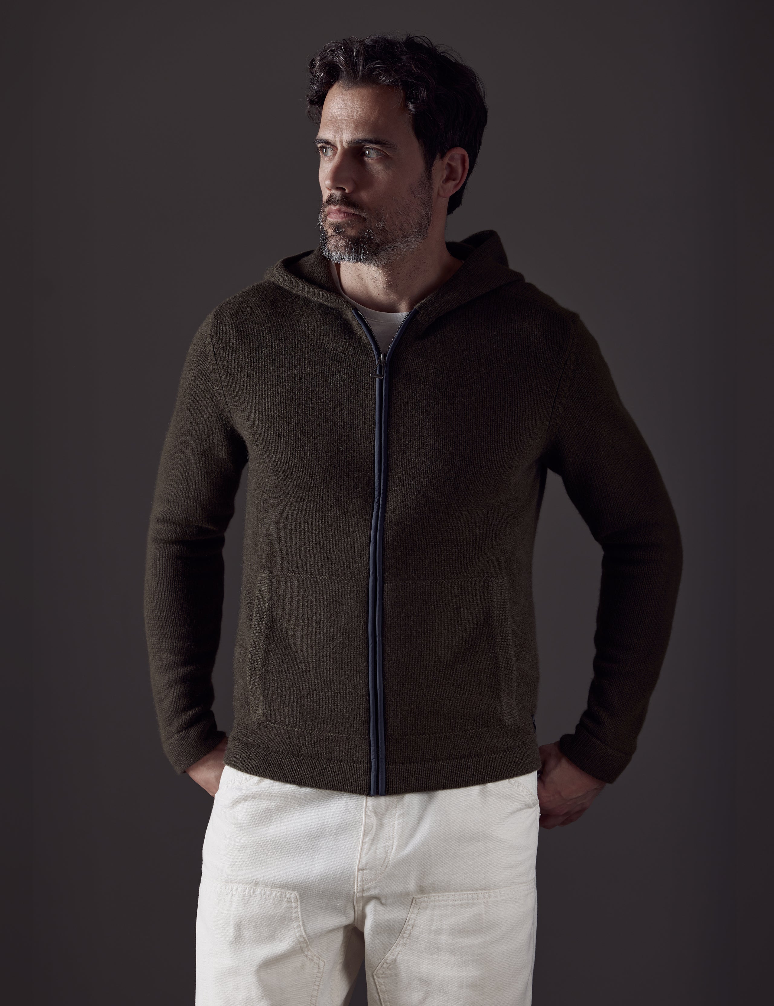 Front body view of man wearing Sawyer Cashmere Full-Zip in Command Green from AETHER Apparel.