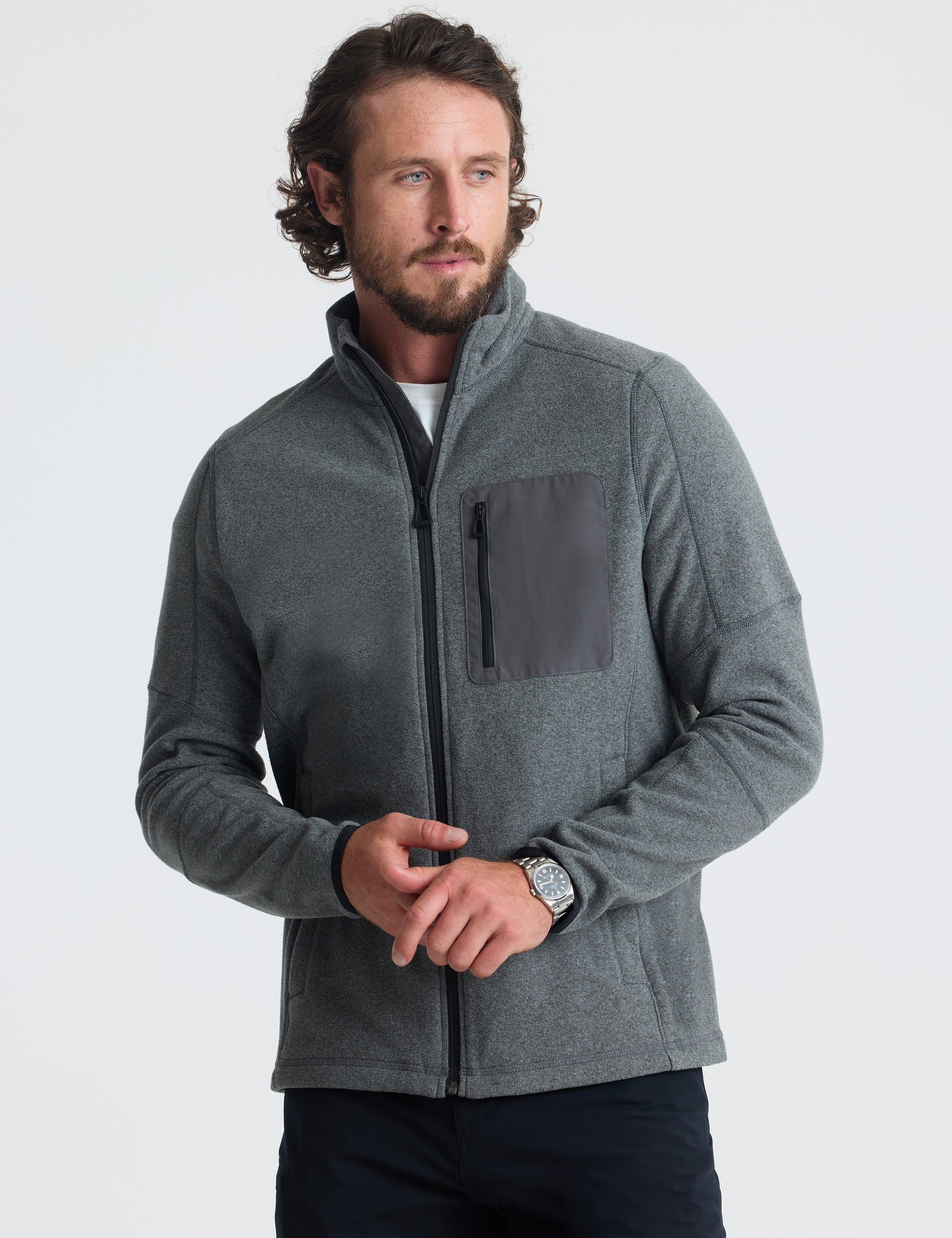 Front view of man wearing Sutherlin Full-Zip in Charcoal Grey from AETHER Apparel.