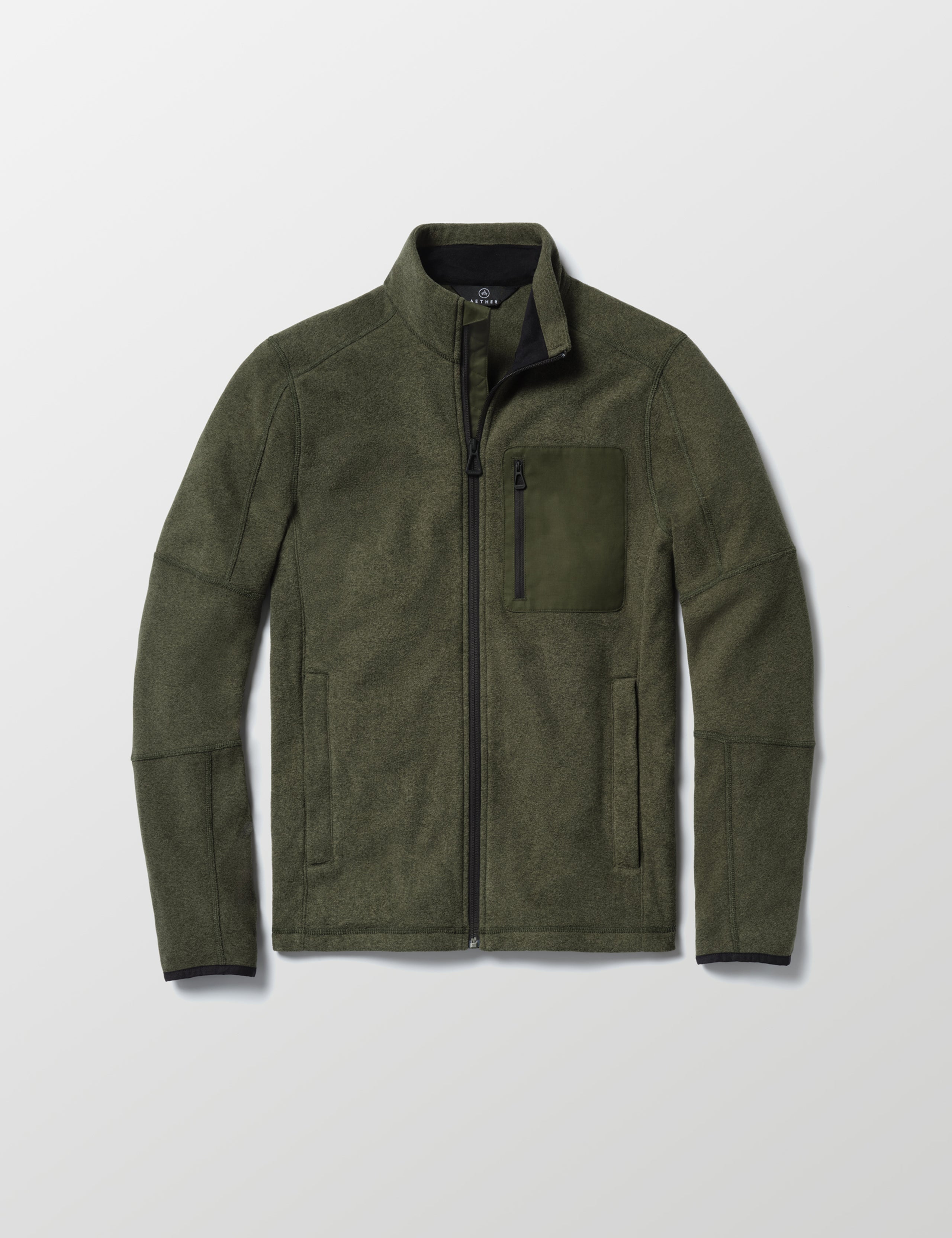 Flay lay of Sutherlin Full-Zip in Forest Green from AETHER Apparel.