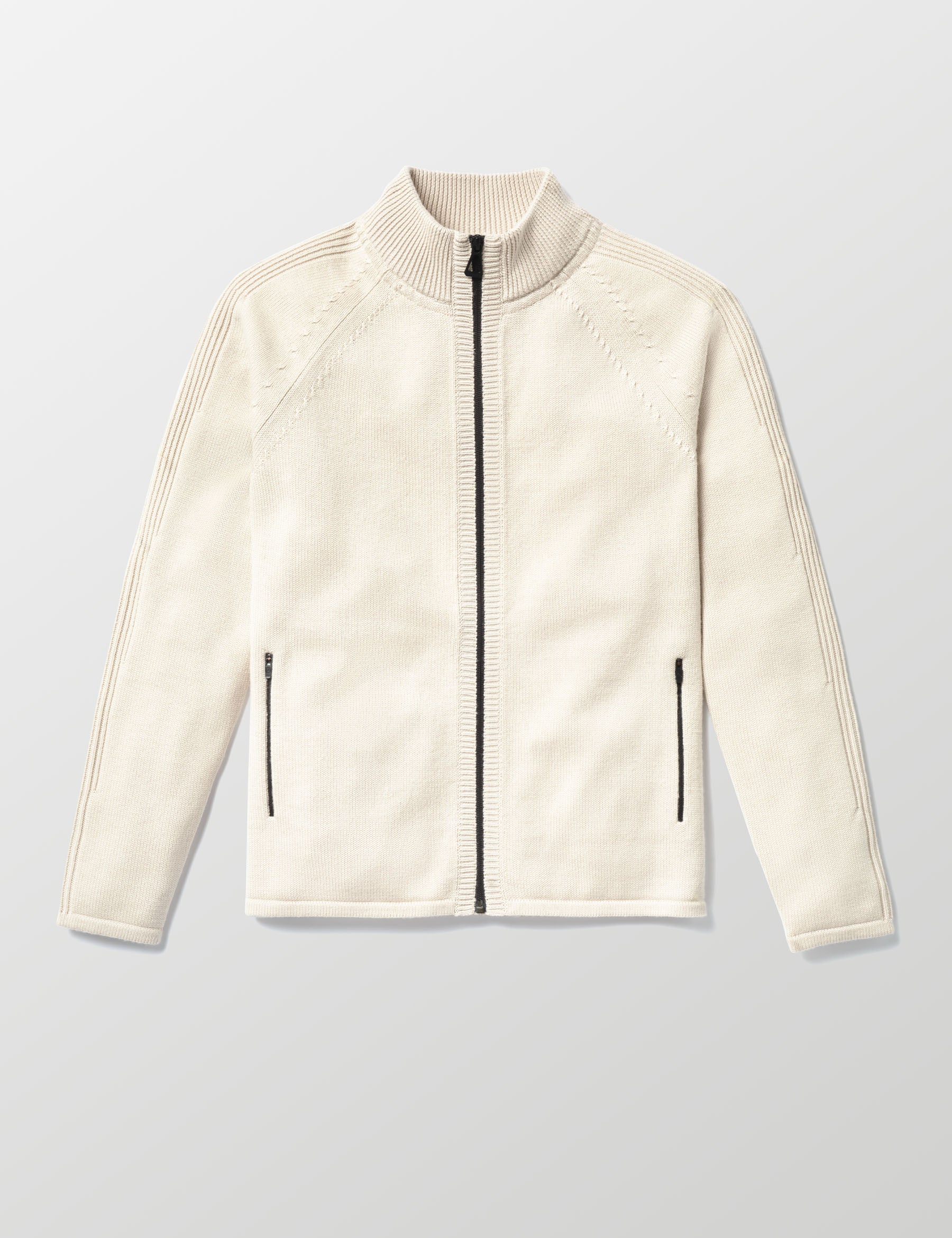 Flat lay image of Riley Full-Zip Sweater in Bone white from AETHER Apparel. 